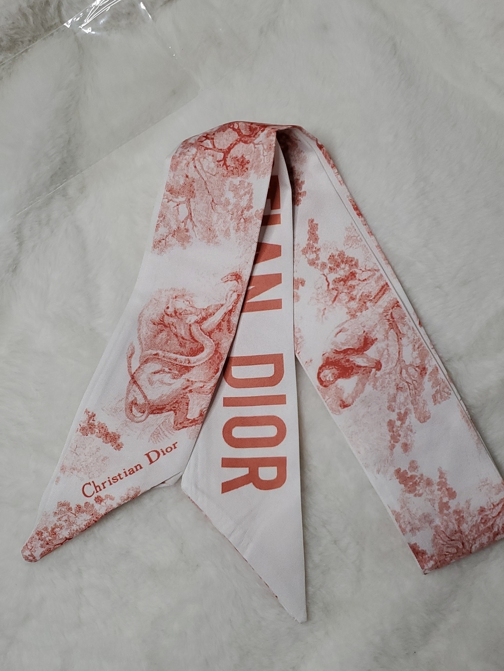 Bag Accessorie Dior Toile Twilly Scarf in Coral-Pink and White
